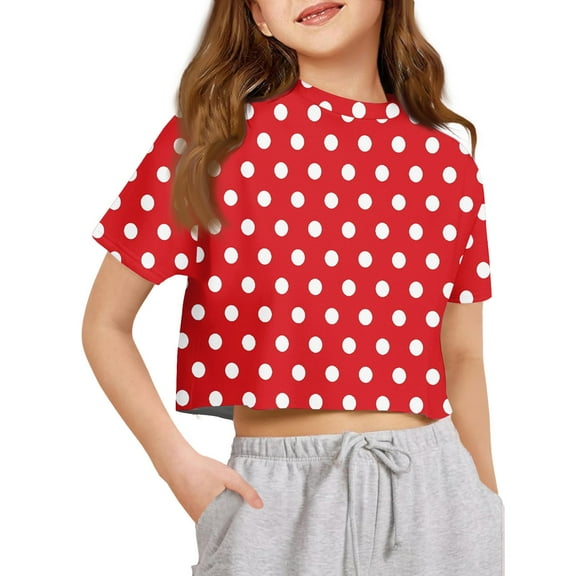 Inglocry Girls Short Sleeve Crop Tops Kids Fashion Oversized Cute Crew Neck Cropped Athletic T Shirts Oversized T-Shirt Polka Dot Graphic Tees Red 2-3Y