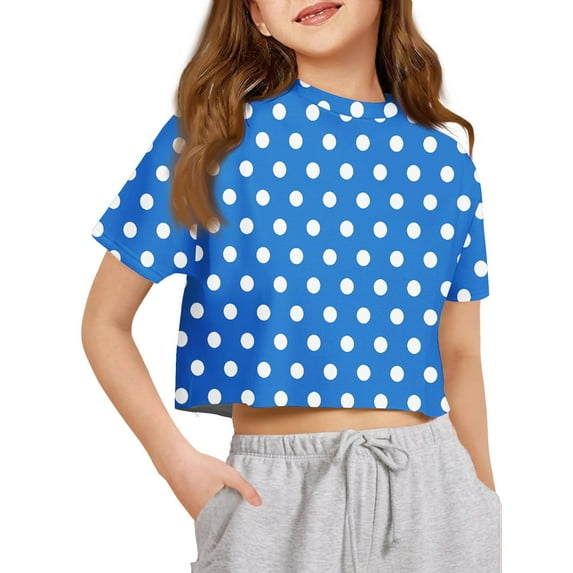 Inglocry Girls Short Sleeve Crop Tops Kids Fashion Oversized Cute Crew Neck Cropped Athletic T Shirts Oversized T-Shirt Polka Dot Graphic Tees Royal Blue 7-8Y