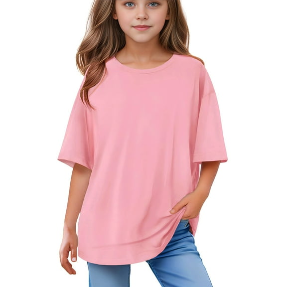 Inglocry Girls Short Sleeve Oversized T Shirts Kids Summer Crewneck Tops Basic Tees 5-14 Years Pink 100