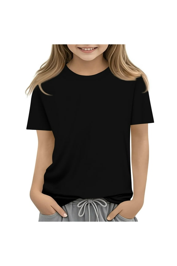 Girls' Short Sleeve Shirts Kids Crewneck T-Shirts Summer Tops Basic Tees 5-14 Years Black 160