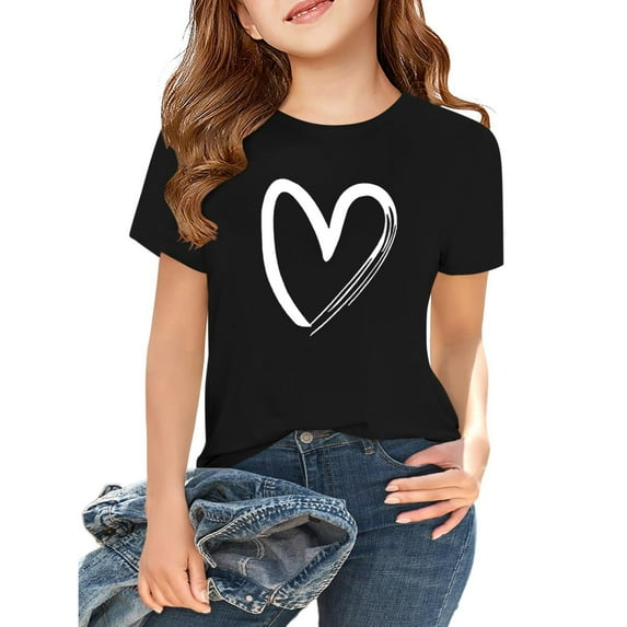 Inglocry Girls Short Sleeve T Shirts Kids Summer Tops Crewneck Basic Graphic Tees Cute Tops For Teens 5-14 Years Black 2-3Y