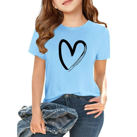 Inglocry Girls Short Sleeve T Shirts Kids Summer Tops Crewneck Basic Graphic Tees Cute Tops For Teens 5-14 Years Sky Blue 5-6Y