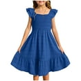 thumbnail image 1 of Inglocry Girls Summer Dresses Cute Double Layer Ruffle Sleeve Solid Color Smocked Flowy Dress 6-15 Years Blue 5-6Y, 1 of 6