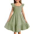 thumbnail image 1 of Inglocry Girls Summer Dresses Cute Double Layer Ruffle Sleeve Solid Color Smocked Flowy Dress 6-15 Years Green 5-6Y, 1 of 6