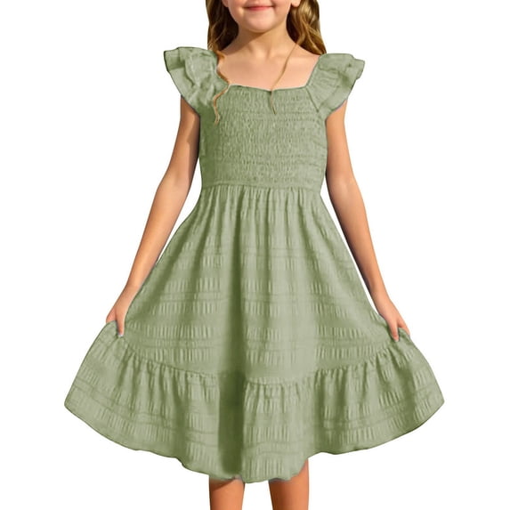 Inglocry Girls Summer Dresses Cute Double Layer Ruffle Sleeve Solid Color Smocked Flowy Dress 6-15 Years Green 9-10Y