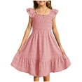 thumbnail image 1 of Inglocry Girls Summer Dresses Cute Double Layer Ruffle Sleeve Solid Color Smocked Flowy Dress 6-15 Years Pink 11-12Y, 1 of 6