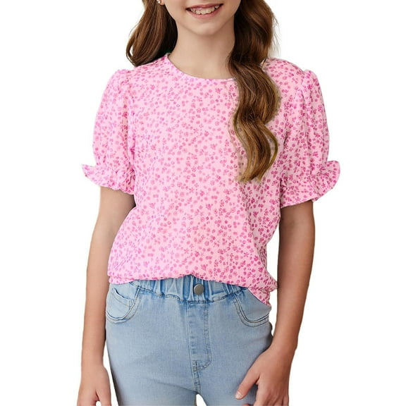 Inglocry Girls Summer Shirts Cute Puff Short Sleeve Tops Casual Crewneck Tee Blouse Floral Boho Summer Tops For Teens 5-14 Years Light pink 9-10Y