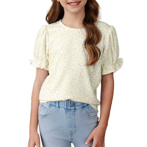 Inglocry Girls Summer Shirts Cute Puff Short Sleeve Tops Casual Crewneck Tee Blouse Floral Boho Summer Tops For Teens 5-14 Years Yellow 9-10Y