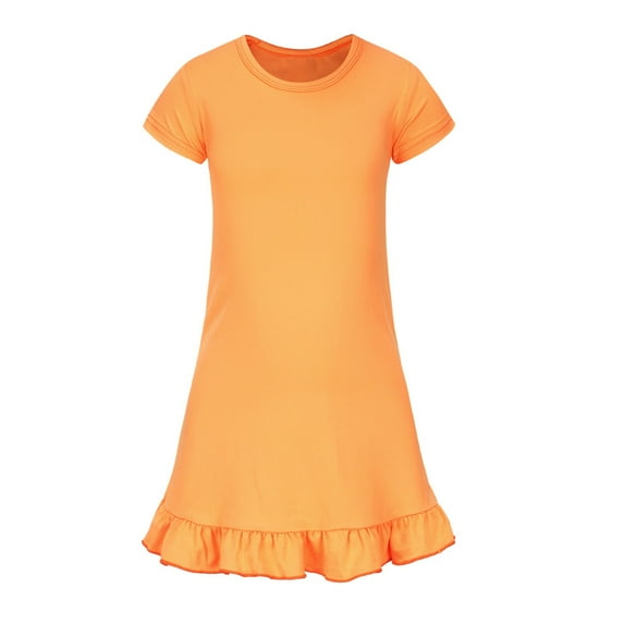 Inglocry Girls Summer Short Sleeve Dress A Line Swing Basic Skater Twirl Party Dresses 5-14 Years Orange 3-4Y