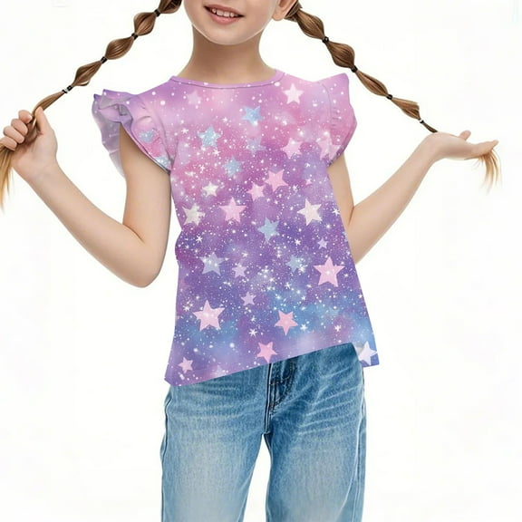 Inglocry Girls T Shirts Ruffle Short Sleeve Tunic Blouse Summer Tee Tops Cute Print Tees Tops 5-14 Years Purple Pink 160
