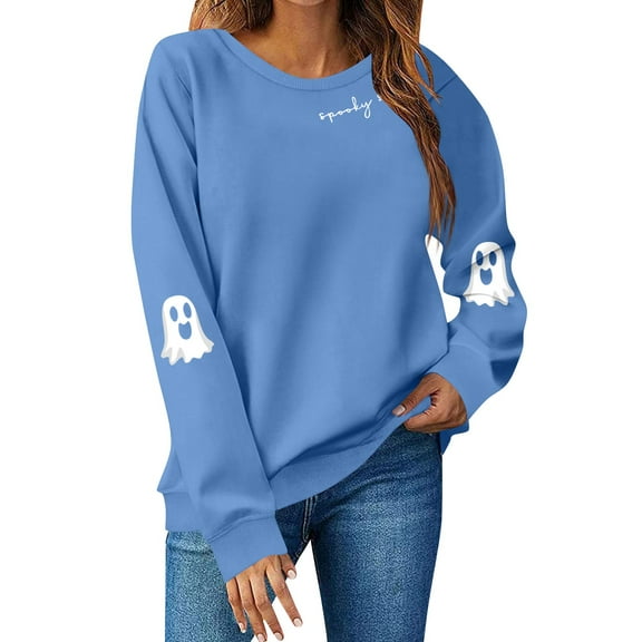 Inglocry Halloween Spooky Season Oversized Sweatshirt Women Cute Ghost Sweatshirts Fall Sweater Pullover Top Blue S