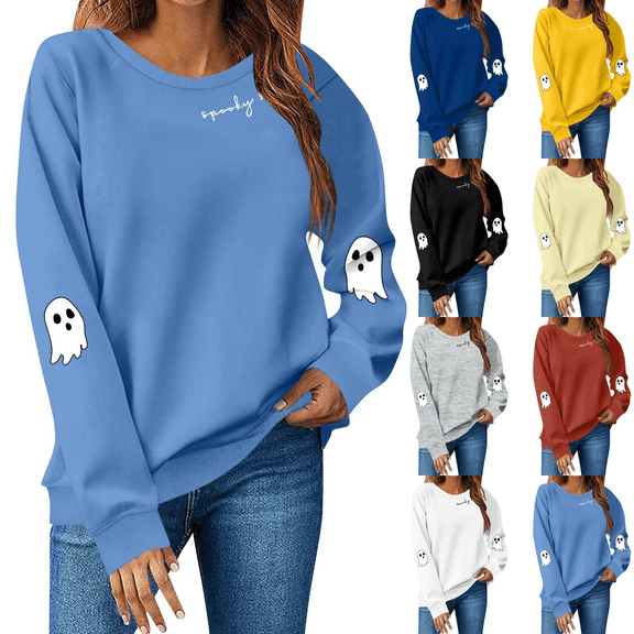 Inglocry Halloween Sweatshirts For Women Spooky Season Sweater Graphic Crewneck Long Slleeve Pullover Cute Ghost Tops Black 2XL