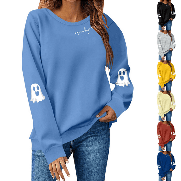 Inglocry Halloween Sweatshirts For Women Spooky Season Sweater Graphic Crewneck Long Slleeve Pullover Cute Ghost Tops Black L