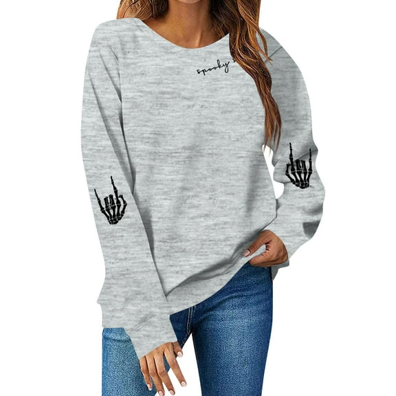 Inglocry Halloween Sweatshirts for Women Spooky Season Funny Long Sleeve Graphic Crewneck Pullover Tops Cute Ghost Sweater Hippie Shirt Gray M