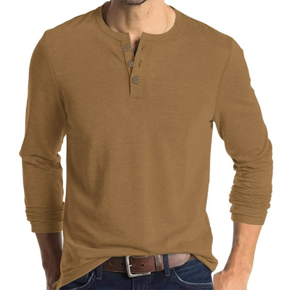 Inglocry Henley Long Sleeve Shirts for Men, Regular-Fit Solid Color Basic Button Down Shirts Soft Basic Tops Camel L
