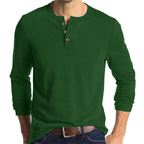 Inglocry Henley Long Sleeve Shirts for Men, Regular-Fit Solid Color Basic Button Down Shirts Soft Basic Tops Dark Green 3XL