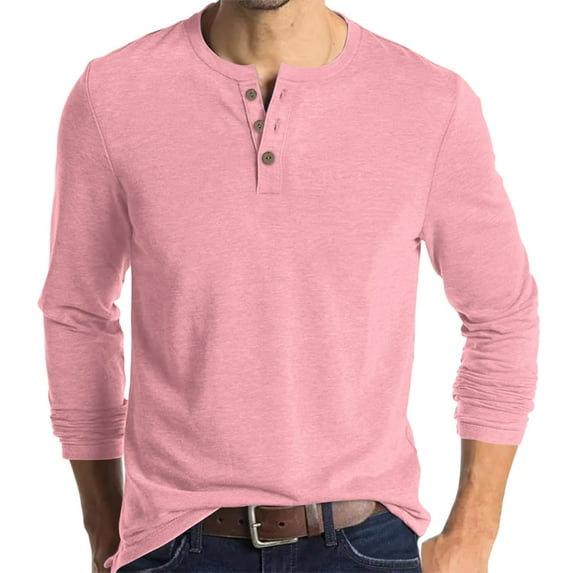 Inglocry Henley Long Sleeve Shirts for Men, Regular-Fit Solid Color Basic Button Down Shirts Soft Basic Tops Pink XL