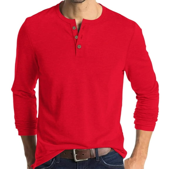 Inglocry Henley Long Sleeve Shirts for Men, Regular-Fit Solid Color Basic Button Down Shirts Soft Basic Tops Red L