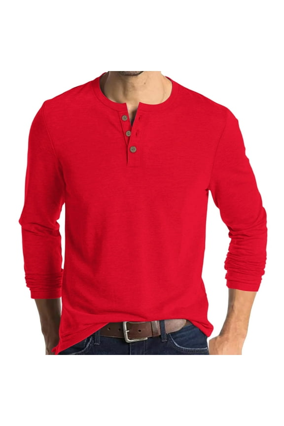Henley Long Sleeve Shirts for Men, Regular-Fit Solid Color Basic Button Down Shirts Soft Basic Tops Red M