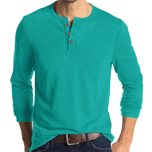 Inglocry Henley Long Sleeve Shirts for Men, Regular-Fit Solid Color Basic Button Down Shirts Soft Basic Tops Turquoise XL
