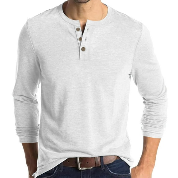 Inglocry Henley Long Sleeve Shirts for Men, Regular-Fit Solid Color Basic Button Down Shirts Soft Basic Tops White 2XL