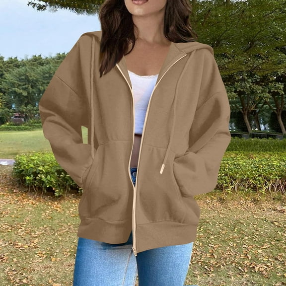 Inglocry Hoodies for Women Long Sleeve Zip Up Fashion Sweatshirts Casual Solid Oversized Fall Lightweight Hooded Jackets Brown 3XL