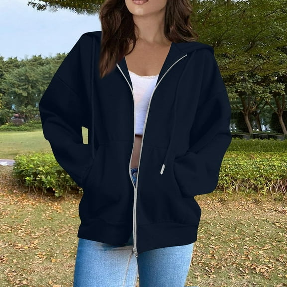 Inglocry Hoodies for Women Long Sleeve Zip Up Fashion Sweatshirts Casual Solid Oversized Fall Lightweight Hooded Jackets Navy S