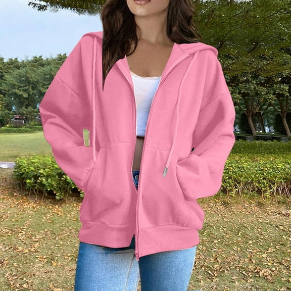 Inglocry Hoodies for Women Long Sleeve Zip Up Fashion Sweatshirts Casual Solid Oversized Fall Lightweight Hooded Jackets Pink XL