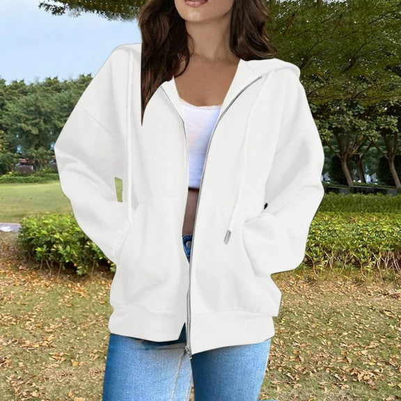 Inglocry Hoodies for Women Long Sleeve Zip Up Fashion Sweatshirts Casual Solid Oversized Fall Lightweight Hooded Jackets White S
