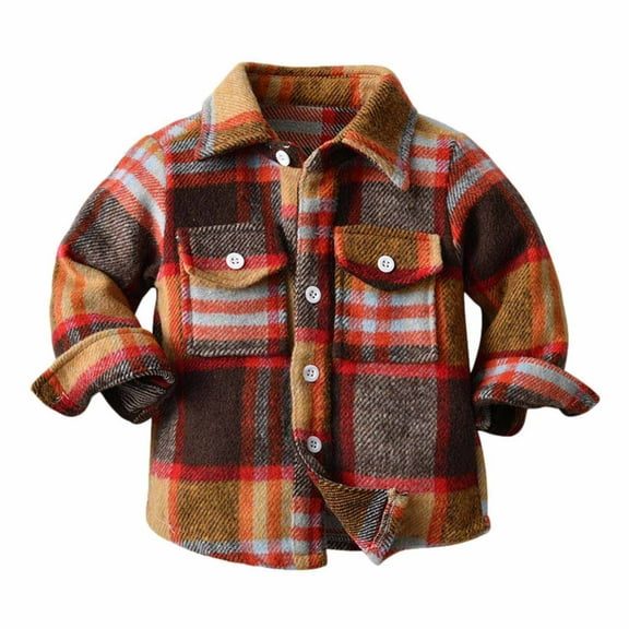 Inglocry Kids Flannel Plaid Shirt Boys Long Sleeve Tartan Clothes Toddler Baby Button Down Coat Fall Winter Orange for 4-5 Y