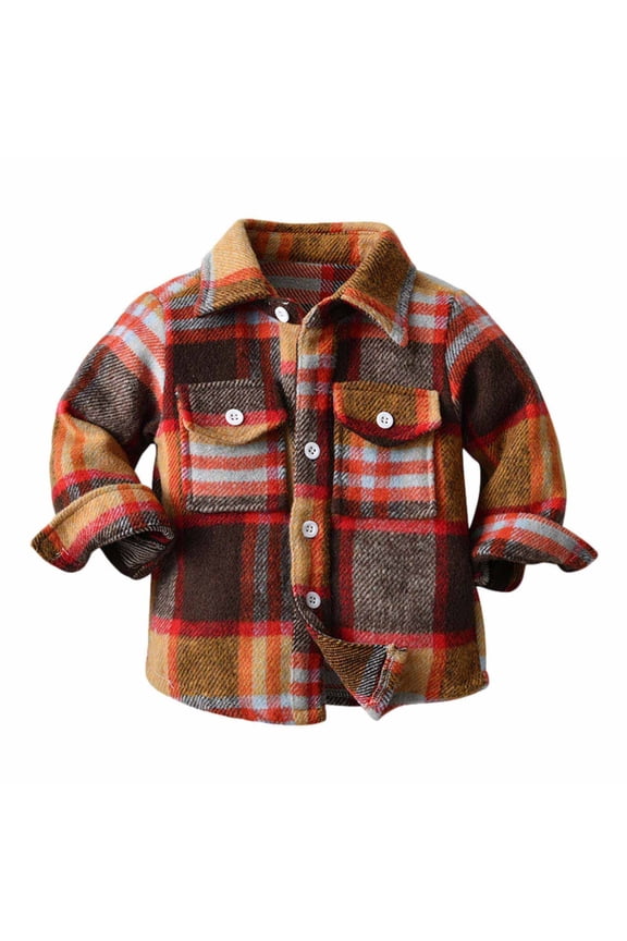 Kids Flannel Plaid Shirt Boys Long Sleeve Tartan Clothes Toddler Baby Button Down Coat Fall Winter Orange for 4-5 Y