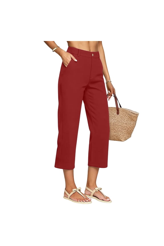 Linen Capri Pants Women 2026 Spring Summer Casual Lightweight Petite Elastic Waist Straight Leg Capris with Pockets Red S