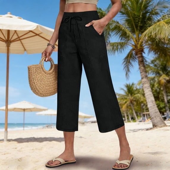 Inglocry Linen Capri Pants for Women 2026 - Drawstring Wide Leg Elastic Waist Summer Casual Lightweight Cropped Trousers with Pockets Black XL