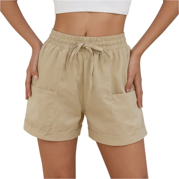 Inglocry Linen Shorts Women Casual Wide Leg High Waisted Summer Shorts Comfy Elastic Waist Beach Shorts with Pockets Khaki 2XL