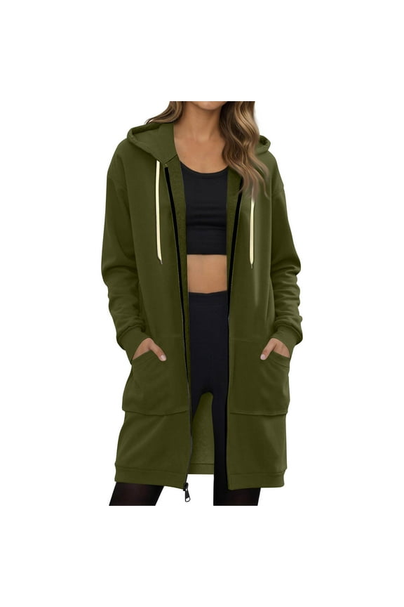 Long Hoodies for Women Zip Up Hooded Sweatshirt Casual Long Sleeve Fleece Jacket Side Split Hoodie with Pockets 2025 Army Green XL