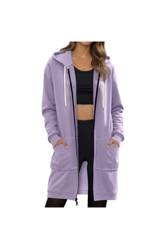 Long Hoodies for Women Zip Up Hooded Sweatshirt Casual Long Sleeve Fleece Jacket Side Split Hoodie with Pockets 2025 Light Purple M