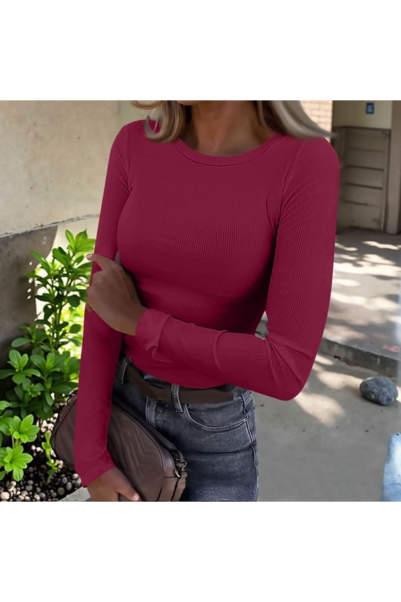 Long Sleeve Thermal Shirt for Women Fleece Slim Fit Tops Crewneck Basic T-Shirts with Thumb Holes Fall Fashion 2026 Wine M
