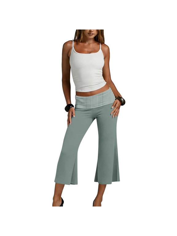 Low Rise Gaucho Pants Fold Over Pants Capri Flared Plisse Casual Loungewear Wide Leg Sweatpants Palazzo for Women 2000S Green S