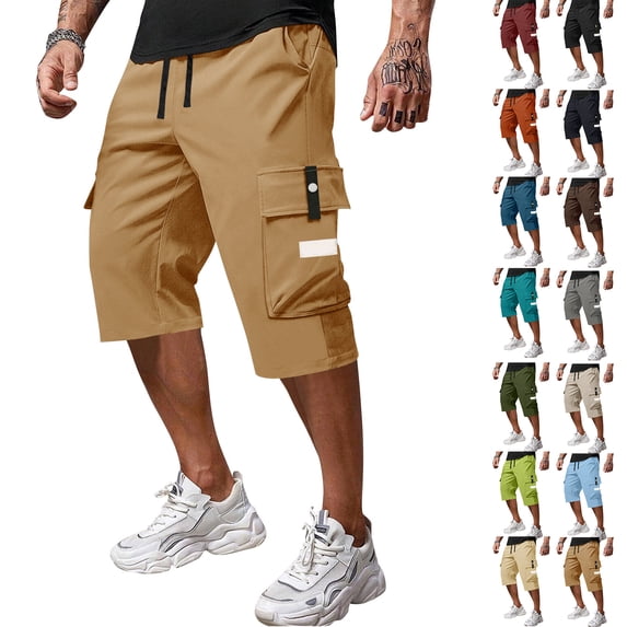Inglocry Men Casual Drawstring Capri Cargo Pants, 2026 New Shorts Quick Dry 3/4 Knee Length Loose Fit Work Shorts Multi Pockets Black XL