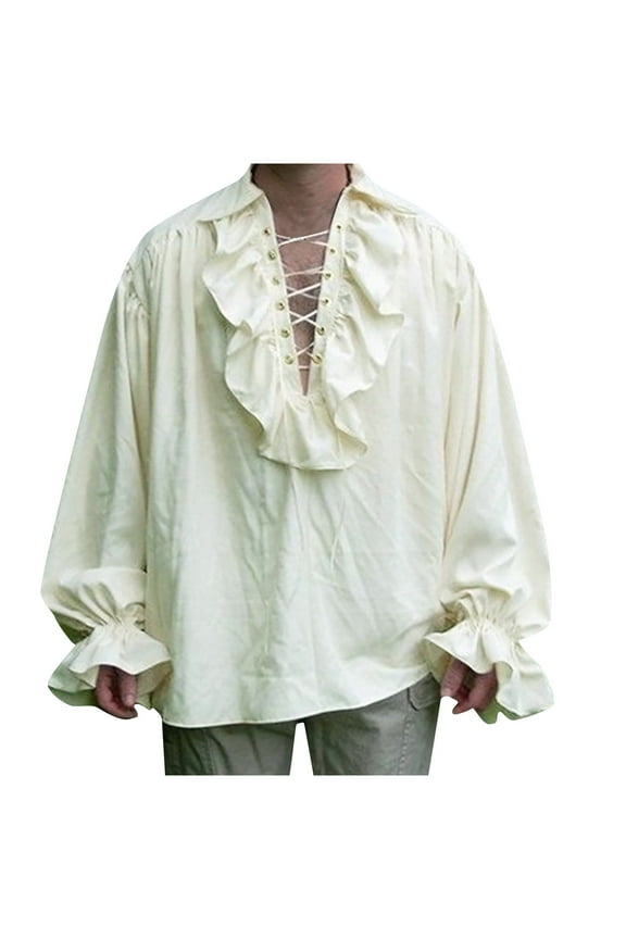 Men Pirate Shirt Vampire Renaissance Shirts Victorian Ruffled Medieval Costume Cotton Linen Shirt Beige 3XL