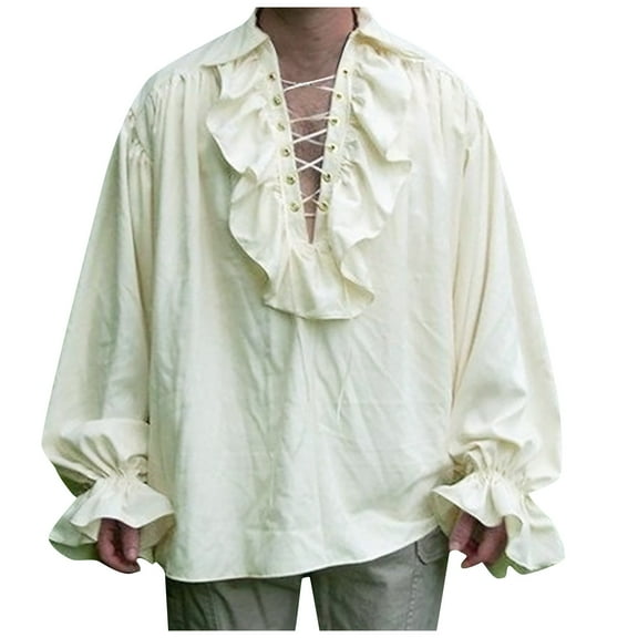 Inglocry Men Pirate Shirt Vampire Renaissance Shirts Victorian Ruffled Medieval Costume Cotton Linen Shirt Beige 4XL