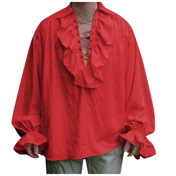 Inglocry Men Pirate Shirt Vampire Renaissance Shirts Victorian Ruffled Medieval Costume Cotton Linen Shirt Red XL