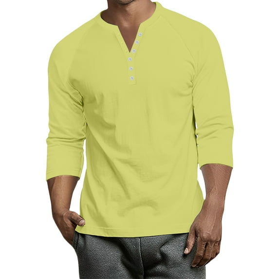 Inglocry Men's 3/4 Sleeve Baseball Raglan T-Shirts Summer Henley Shirts for Men Casual Cotton Sport Athletic Jersey Tee Tops Yellow M