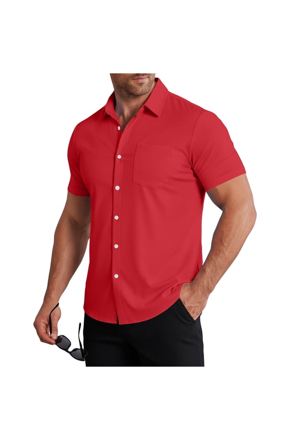 Men's Button Down Shirts Short Sleeve Fishing Tops Summer Stretch Wrinkle Free Quick Dry Shirt for Dress Work Red 2XL