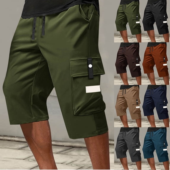 Inglocry Men's Casual Drawstring Capri Cargo Pants, 3/4 Length Long Drawstring Stretch Elastic Waist Shorts Below Knee Brown L
