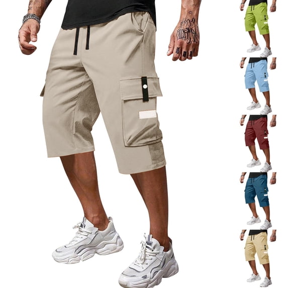 Inglocry Men's Casual Drawstring Capri Cargo Pants, 3/4 Length Long Drawstring Stretch Elastic Waist Shorts Below Knee Deep Red L