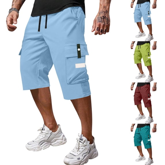 Inglocry Men's Casual Drawstring Capri Cargo Pants, 3/4 Length Long Drawstring Stretch Elastic Waist Shorts Below Knee Deep Red M
