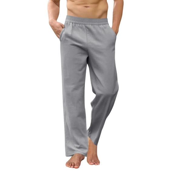 Inglocry Men's Casual Linen Cotton Pants Elastic Waist Summer Beach Trousers Lightweight Yoga Vacation Pants with Pockets Gray 2XL