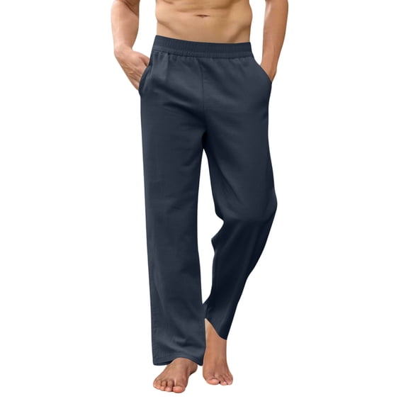 Inglocry Men's Casual Linen Cotton Pants Elastic Waist Summer Beach Trousers Lightweight Yoga Vacation Pants with Pockets Navy 4XL