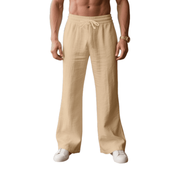 Inglocry Men's Casual Linen Pants Summer Beach Cotton Lightweight Pants Elastic Waist Drawstring with Pockets Khaki L